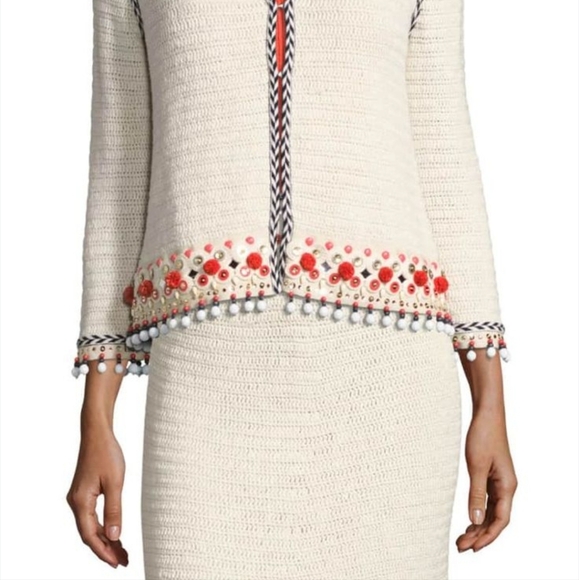 Tory Burch Embellished Linen Jacket Blazer Woven Jewelled Pom Pom Sweater - Picture 4 of 13